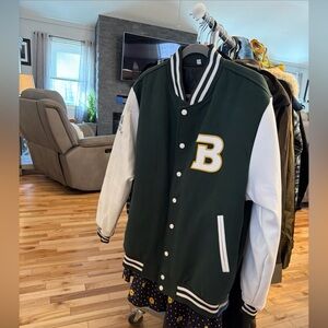 Green and White Varsity Bomber Jacket with Letter B